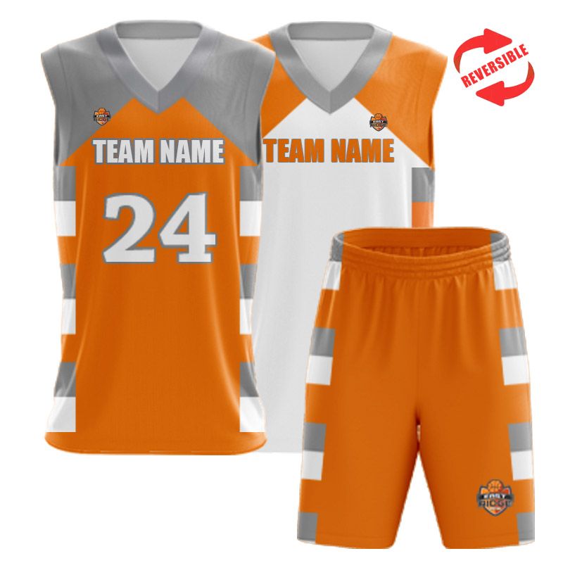Polyester Custom Men Sublimation Reversible Basketball Uniform Color Grey  And White
